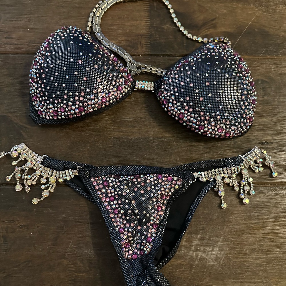 Swarovski Crystal-Studded Black and Pink competition Bikini - Bilbo Baggs